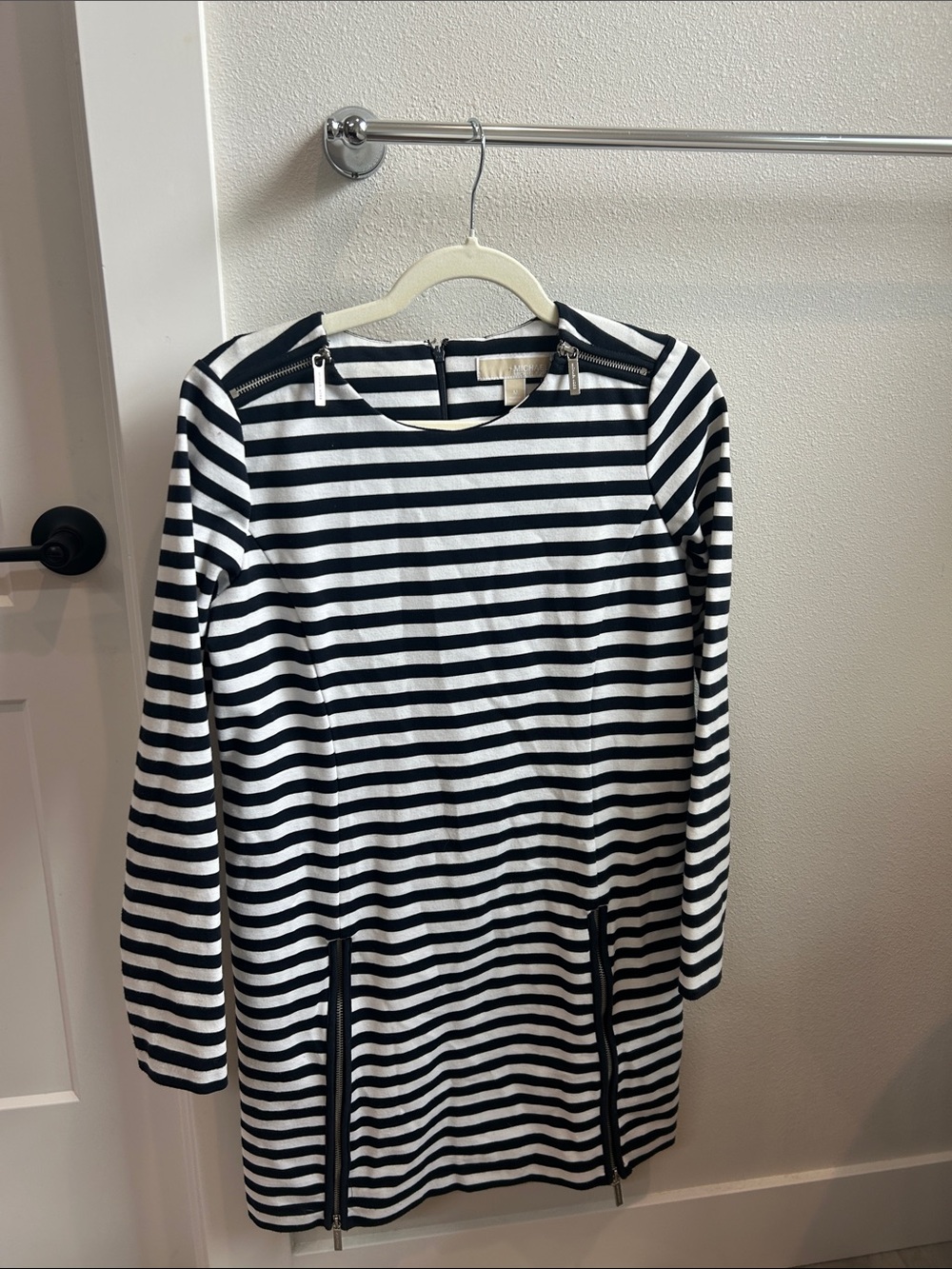MICHAEL Michael Kors Black and White Striped Long-Sleeve Mini Dress